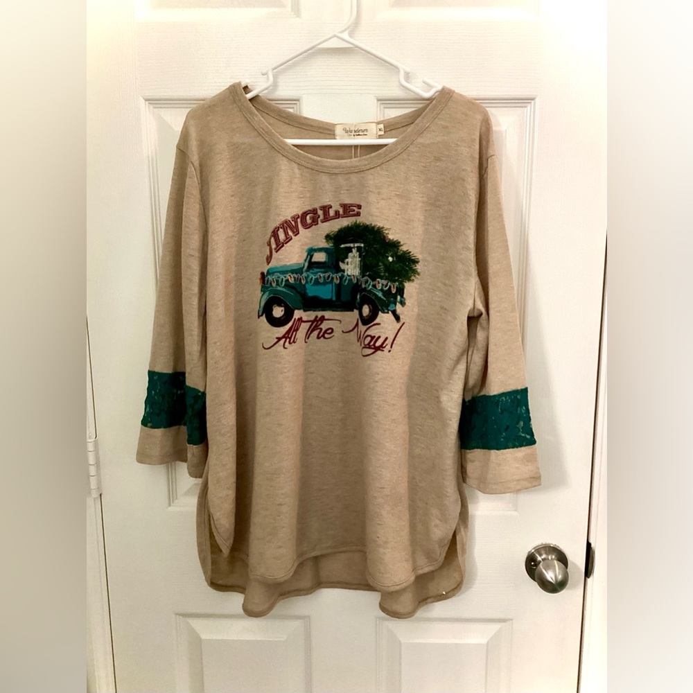 Jingle All The Way Shirt with lace trim on long Sleeves